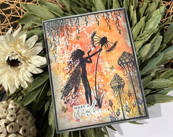 Lavinia Stamps Woodland Fairy Whimsical OOAK Handmade Greeting Card Notecard Make a Wish Happy Birthday Card