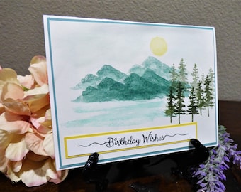 Handcrafted Masculine Birthday wishes Card, Nature Trees Mountains Notecard for Him, Watercolor Stampin Up Card, Waterfront Greeting Card