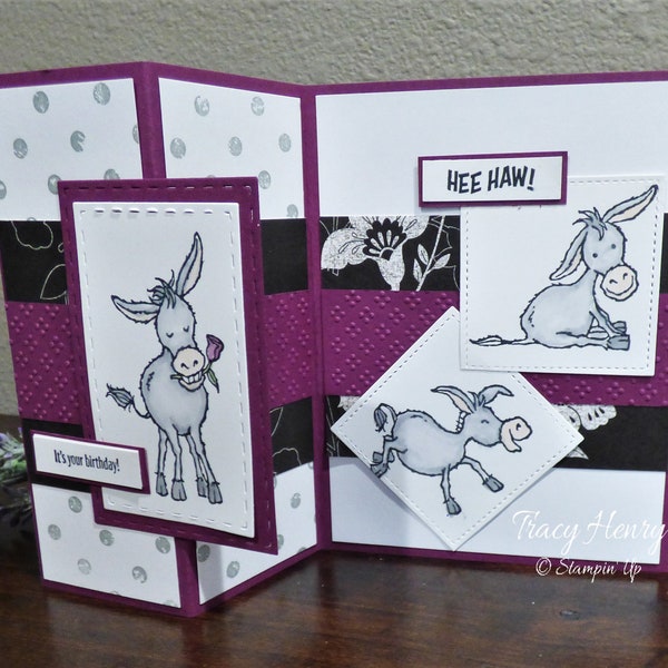 Darling Donkey Z Fold Birthday Card, Stampin Up Notecard, Adorable Hee Haw Birthday, Handmade Birthday Card