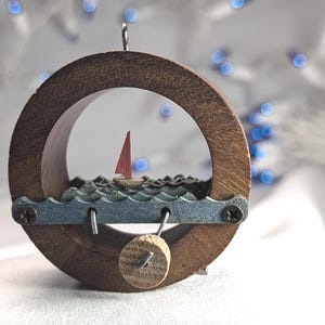 Wooden sailboat automaton Christmas ornament