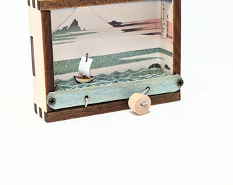 Nautical decor Japanese woodblock tiny kinetic sculpture paper sailboat Mt Fuji Hokusai