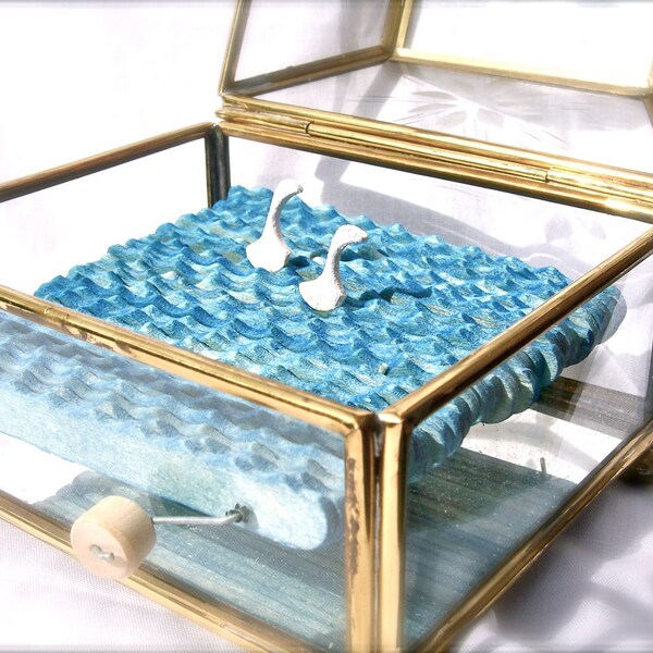 wooden swans automaton in upcycled glass jewelry box
