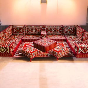 18 Piece Red Floor Seating Set | Turkish Boho Floor Sofa with Rug | Modular Arabic Majlis Cushion Set | Washable Oriental Lounge Furniture