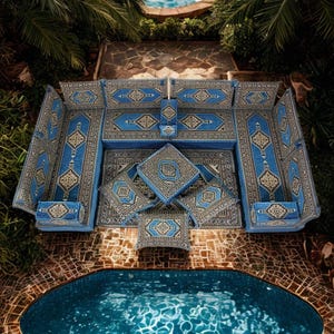 Traditional Turkish Floor Seating Set – 19 Pcs Blue – Extra Thick Cushions (8 in / 20 cm) – Ottoman & Rug Included