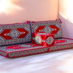 4 Pc Red Floor Sofa Set | Turkish Floor Seating with Armrest | Boho Majlis Cushion Set | Handmade Washable Lounge Furniture