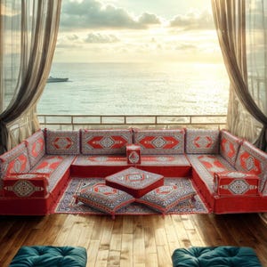Red Turkish Floor Sofa Set – 18 Piece Oriental Seating | 20cm Thick Cushions | Boho Ottoman & Rug