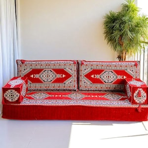 5 Piece Turkish Floor Seating Set – Red Yahyali – Boho Oriental Sofa Cushions – Modular Floor Couch – Middle Eastern Corner Sofa
