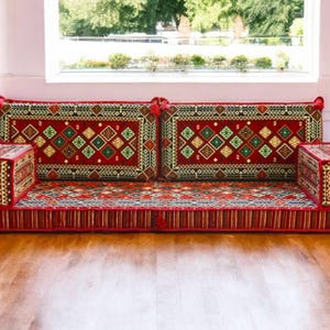 Traditional Turkish Floor Seating Set – Red Oriental Corner Sofa with Floor Cushion, Backrest Pillows & Armrest Cushions