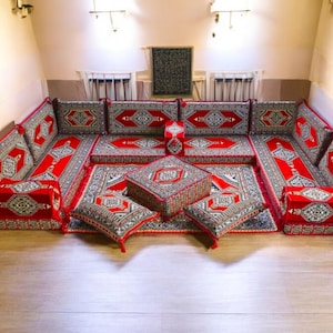18 Pc Red Floor Cushion Set | Classic Turkish Majlis Sofa | Boho Modular Floor Seating with Rug | Handmade Oriental Lounge