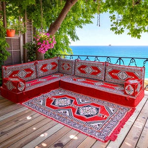 10-Piece Floor Seating Set – Choose from Red, Blue or Burgundy – Traditional Modular Turkish Cushion Sofa with Carpet