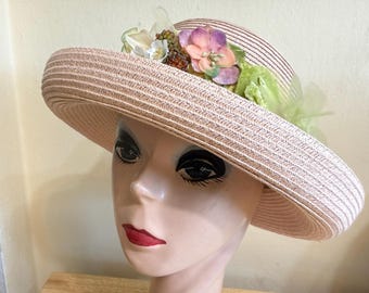Vintage Inspired Dusty Pink Kettle Brim Hat: Vintage Trim, Garden Party Millinery