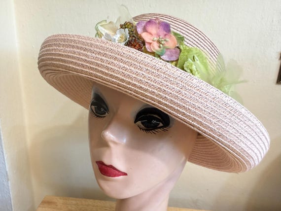 Vintage Inspired Dusty Pink Kettle Brim Hat: Vintage Trim, Garden Party Millinery