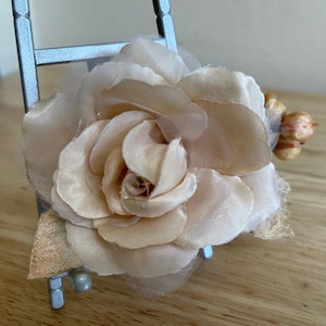 Beige Silk Rose Hat Pin With Velvet Leaves And Vintage Laces And Berries / Vintage Inspired Beige Rose Pin / One Of A kind /Free US Shipping