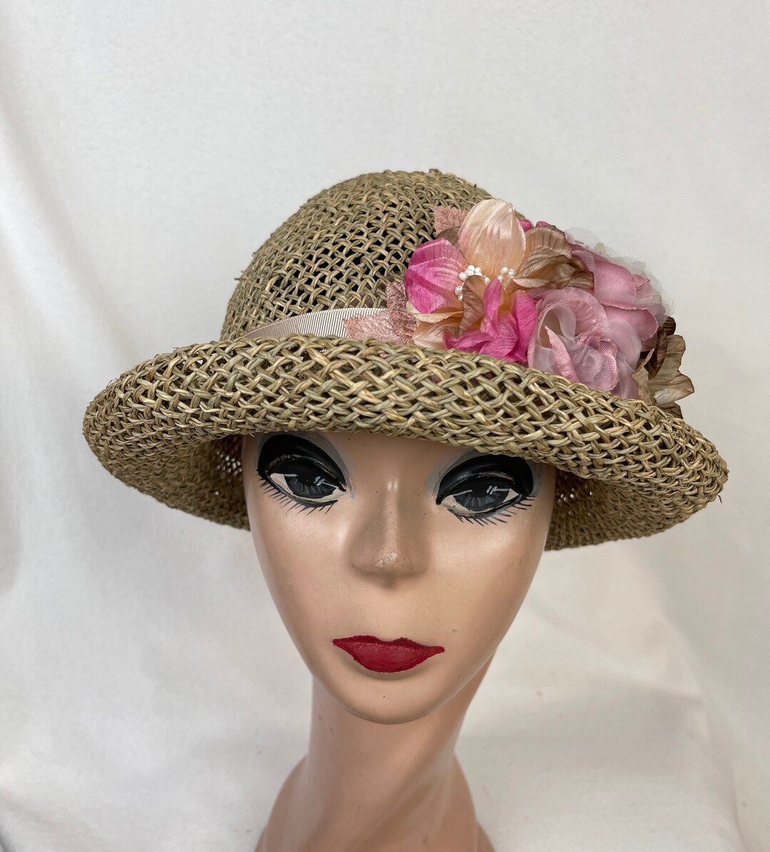Natural Seagrass Straw Rolled Brim Cloche Hat With Silk Flower Trim