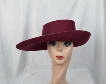 Burgundy Wine Color Large Brim Wool Felt Hat / Side Rolled Brim Telescope Hat / Larger Head Sizes Available For Special Order /  Millinery