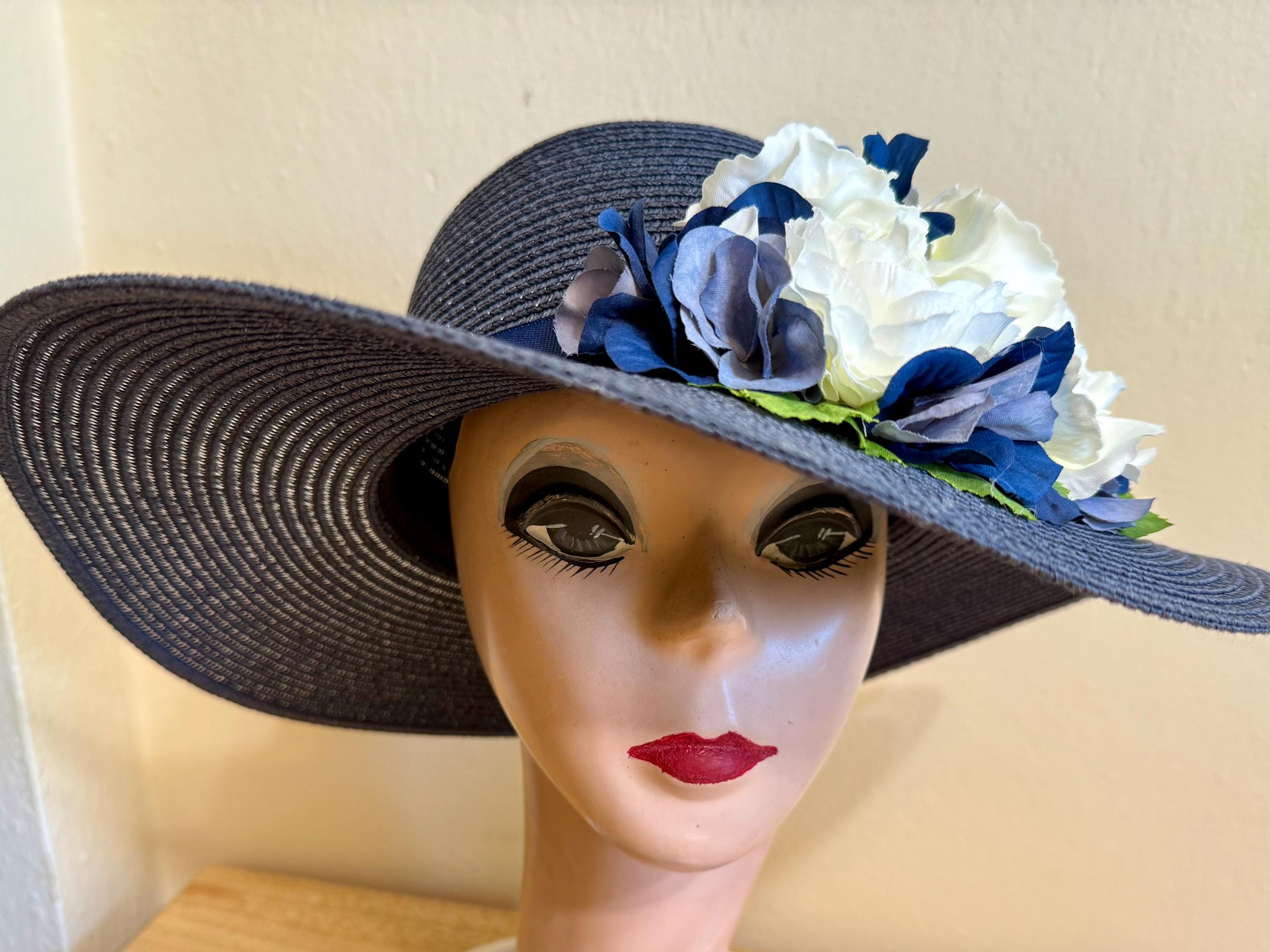 Navy Blue Straw Derby Hat: Silk Flower Trim, Wedding Guest 