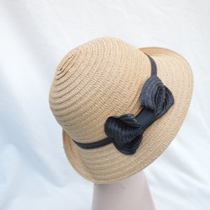 Tan/Black Cloche Hat With Bow / Vintage Inspired Downton Abbey Cloche Hat / Tan/Black Straw Cloche Hat With Rolled Brim And Bow image 4