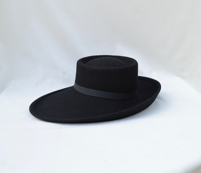 Black Large Brim Wool Felt Hat /Black Felt Side Rolled Brim Telescope Hat / Millinery / Felt Telescope Brim Hat image 7