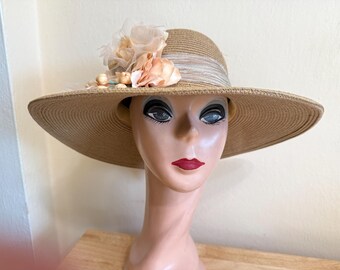 EUC True Vintage Wide Brim Woven Straw Sun Hat w/ Bow and Floral (Rose) Accents 1950s Black Sun Hat - Etsy main image 2
