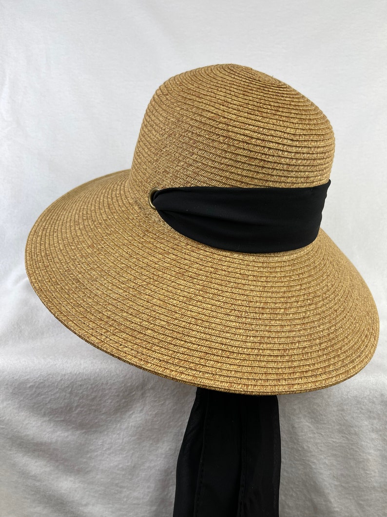 Wheat Color 4 Inch Downturn Brim Straw Hat With Changeable Scarf Trim / Sun Hat With Chin Tie / Straw Lg Brim Beach Hat / Retro Sun Hat image 8