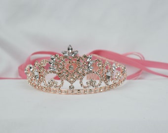 Rose Gold Rhinestone Heart Tiara With Ribbons / Girls Rose Gold Tiara / Wedding Tiara / Flower Girl Tiara