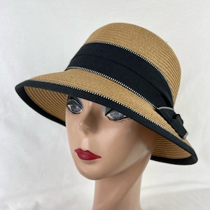 Kapelusz typu cloche z pszenicy: kapelusz typu bucket hat w stylu vintage z kokardą (obwód głowy 20-22 cale)