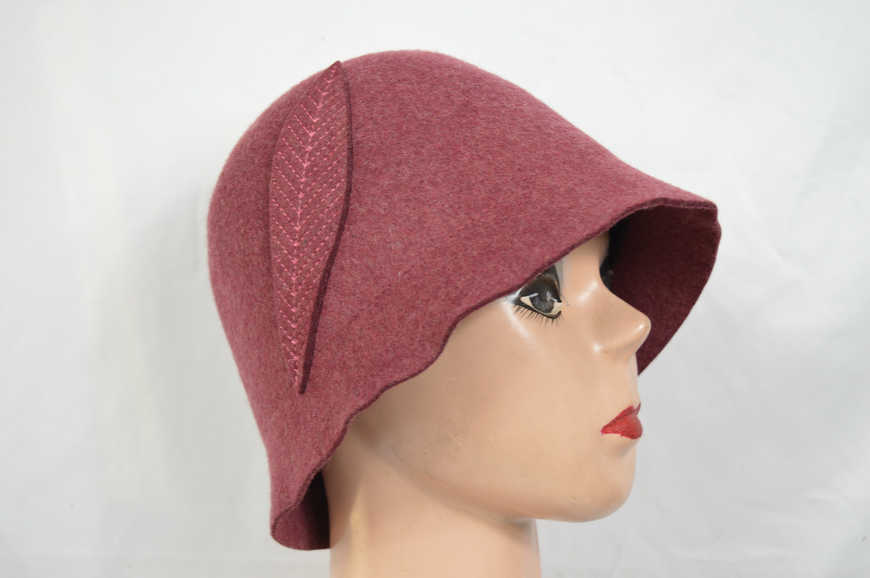 Timeless Vintage Style 1920s Hand Made England Cloche Burgundy Wool Felt Hat 1930s Burgundy Felt Wool Cloche Hat – Ian Drummond Vintage main image 3