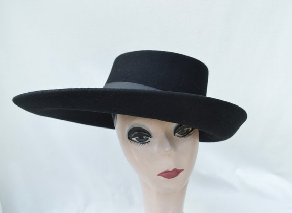 Black Wool Felt Wide Brim Hat: Telescope Style, Grosgrain Ribbon