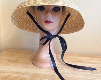 4 Inch Bell Brim Milan Wheat Straw Braid Down Turned Brim Sun Hat With Ribbon Ties /Retro Bell Brim Hat / Audrey Hepburn Style Sun Hat