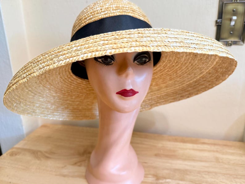 Wide Brim Wheat Straw 5 Inch Brim Hat: Dior Style Hat / Audrey Hepburn Style, Removable Grosgrain Ribbon image 7