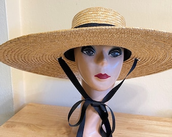6 Inch Natural Straw Boater Hat With Black Ribbon Band And Tie /  Large Brim Boater Hat / Natural Wheat Straw Boater Hat