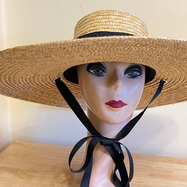 6 Inch Natural Straw Boater Hat With Black Ribbon Band And Tie /  Large Brim Boater Hat / Natural Wheat Straw Boater Hat