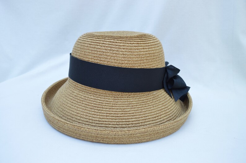 Tan Tweed Straw Kettle Brim Hat With Black Silk Ribbon Bow Trim Women/'s 2 Inch Brim Sun Hat Retro Style Straw Kettle Brim Hat
