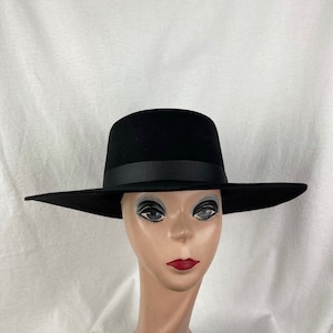 Black Wool Felt 4&quot; Stiff Flat Brim  Boater Hat / Black Felt Stiff Bollero Hat / Large Flat Brim Bolero Hat