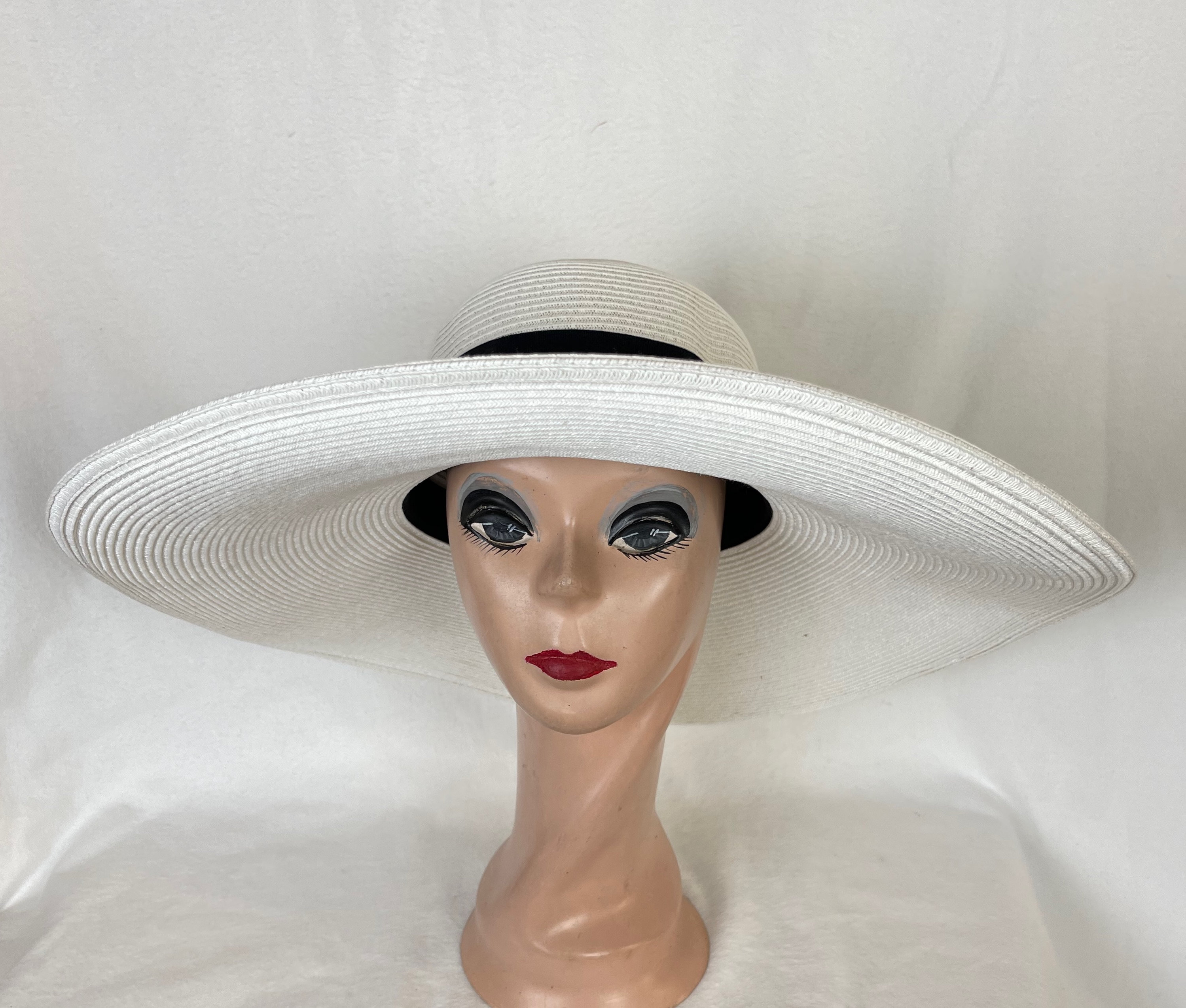 Wide 6 Inch Brim White Straw Sun Hat: Black Ribbon, UV 