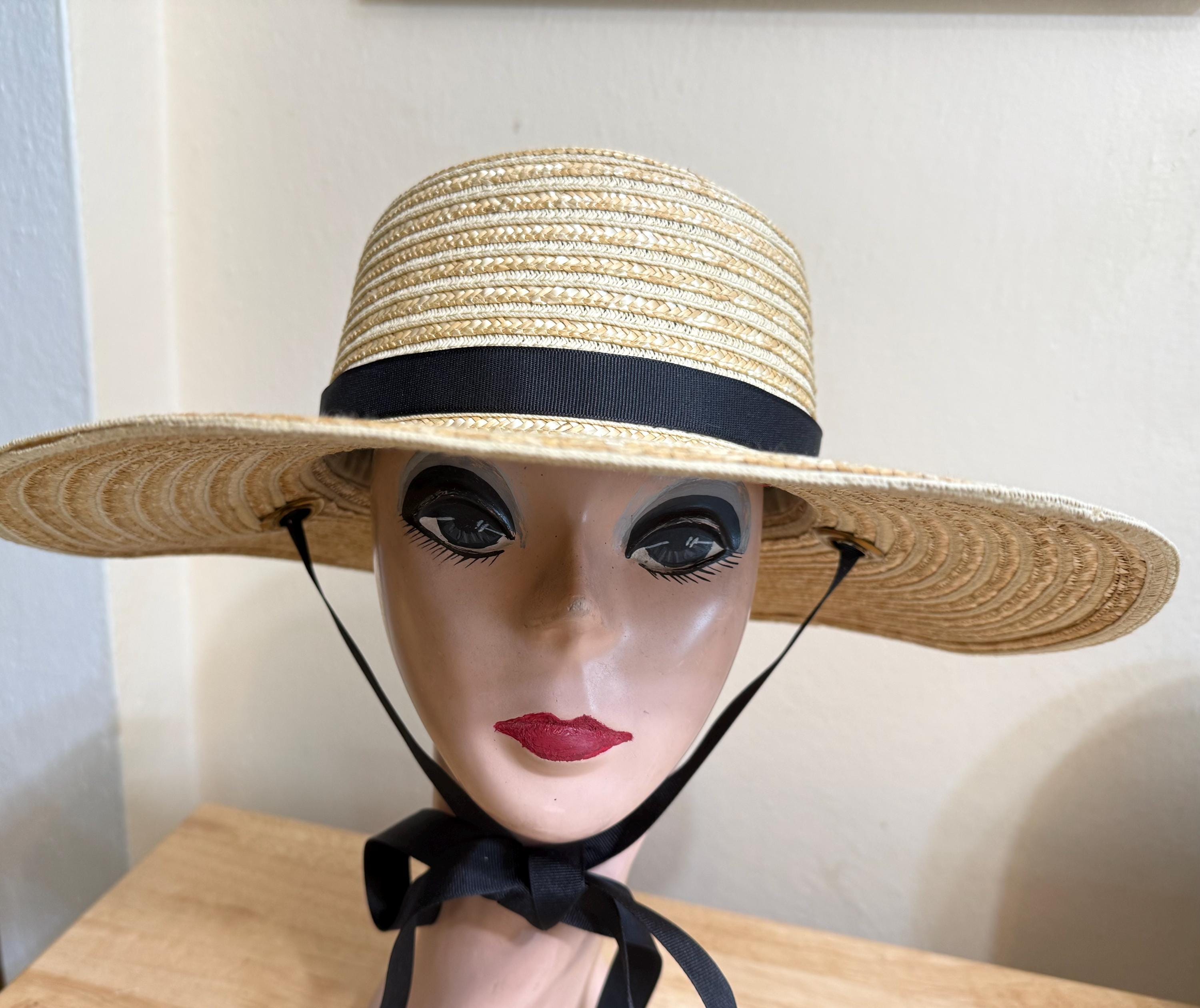 Italian Straw Boater Hat: Wheat Braid, Black Ribbon Ties  display picture 3