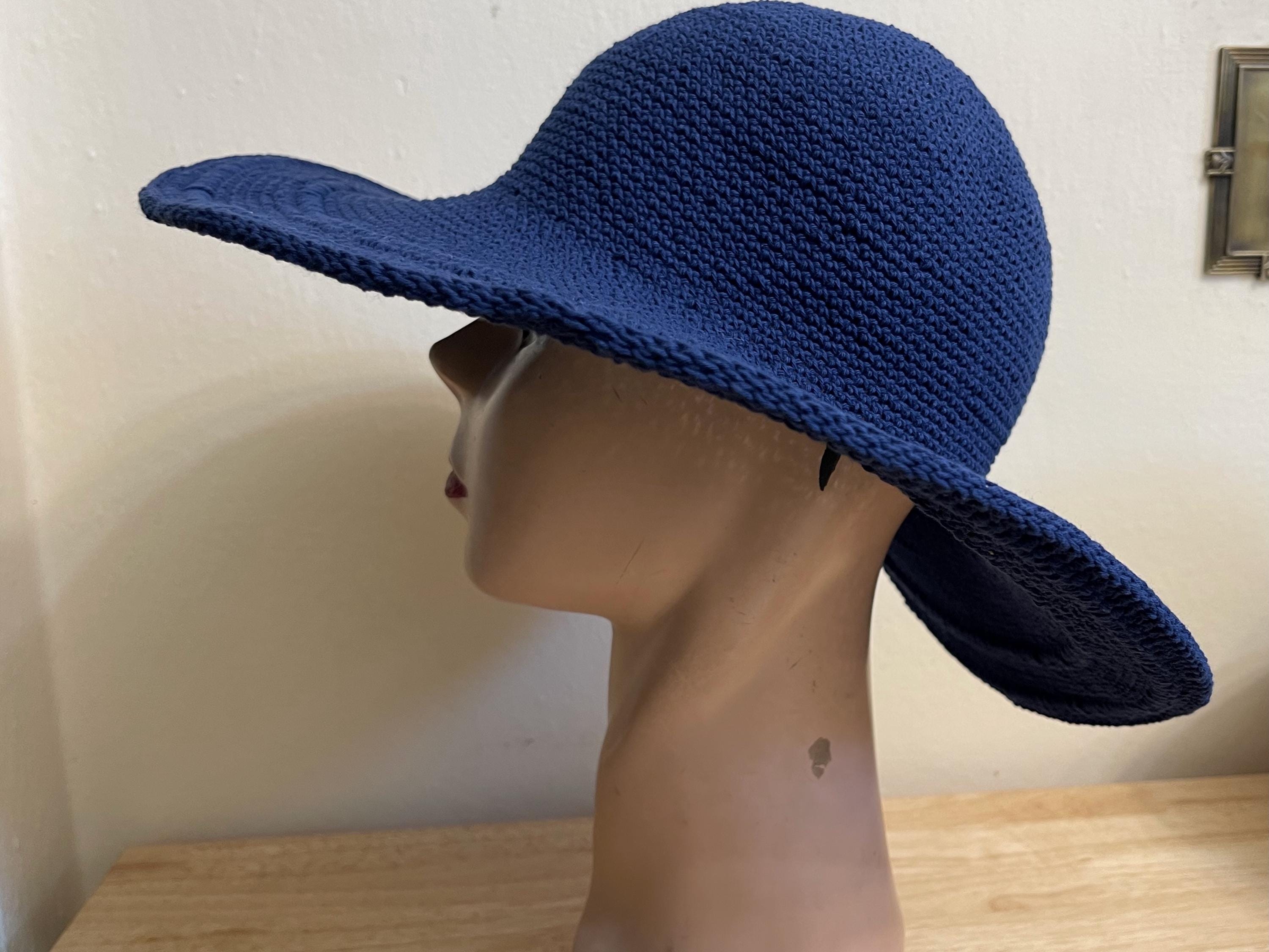 Hand-Crocheted Wide-Brim Hat in Navy Blue Hand-dyed Navy Blue Crochet Sun Hat: Adjustable Brim Cotton  main image 4
