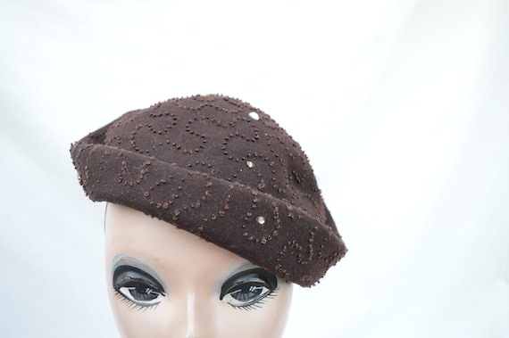 Vintage 1950's Brown Cocktail Hat With Rhinestone… - image 2