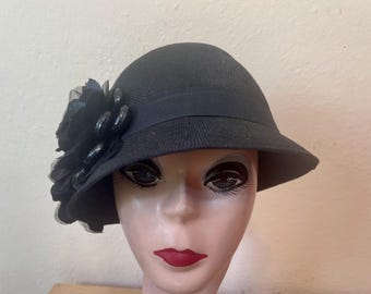 Black Linen Cloche Hat: Vintage Silk Roses, Deco Garden Party Style