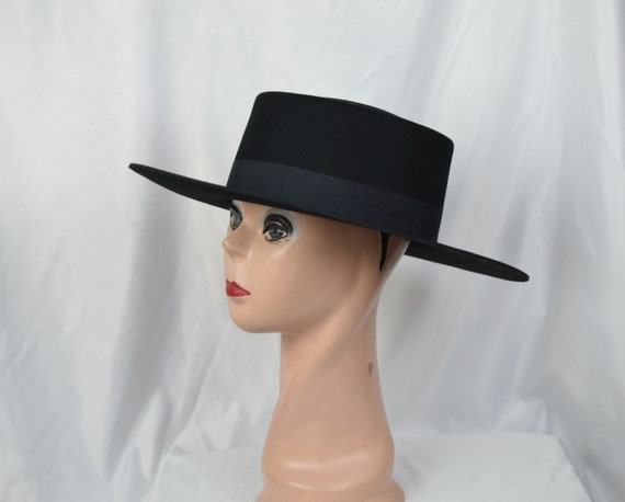 Black Wool Felt 4 inch Flat Stiff Brim Gambler Crown Style Hat / Felt Large Brim Hat / Large Flat Brim Felt Hat / Australian Wool Felt Hat