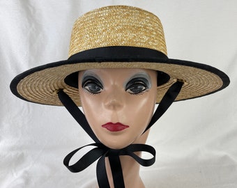3.5 Inch Natural Straw Boater Hat With Black Ribbon Band And Edges With Chin Ties / Natural Wheat Straw Boater Hat / Milan Straw Boater Hat