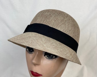 Tan Linen And Cotton Cloche Hat With Black Bow / Vintage Inspired / Downton Abbey Style Cloche / 1920's Style Cloche Hat / 2 Inch Front Brim