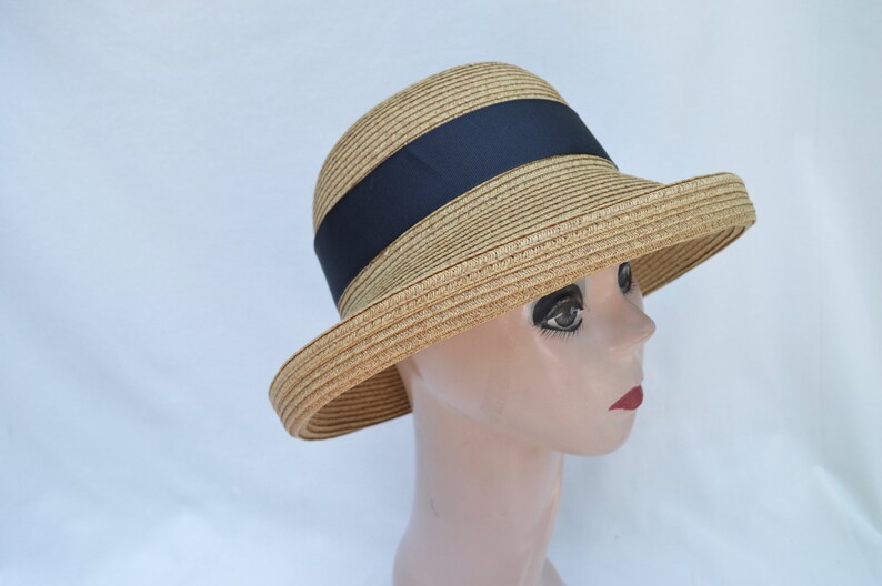 Tan Tweed Straw Kettle Brim Hat With Black Silk Ribbon Bow Trim Women/'s 2 Inch Brim Sun Hat Retro Style Straw Kettle Brim Hat