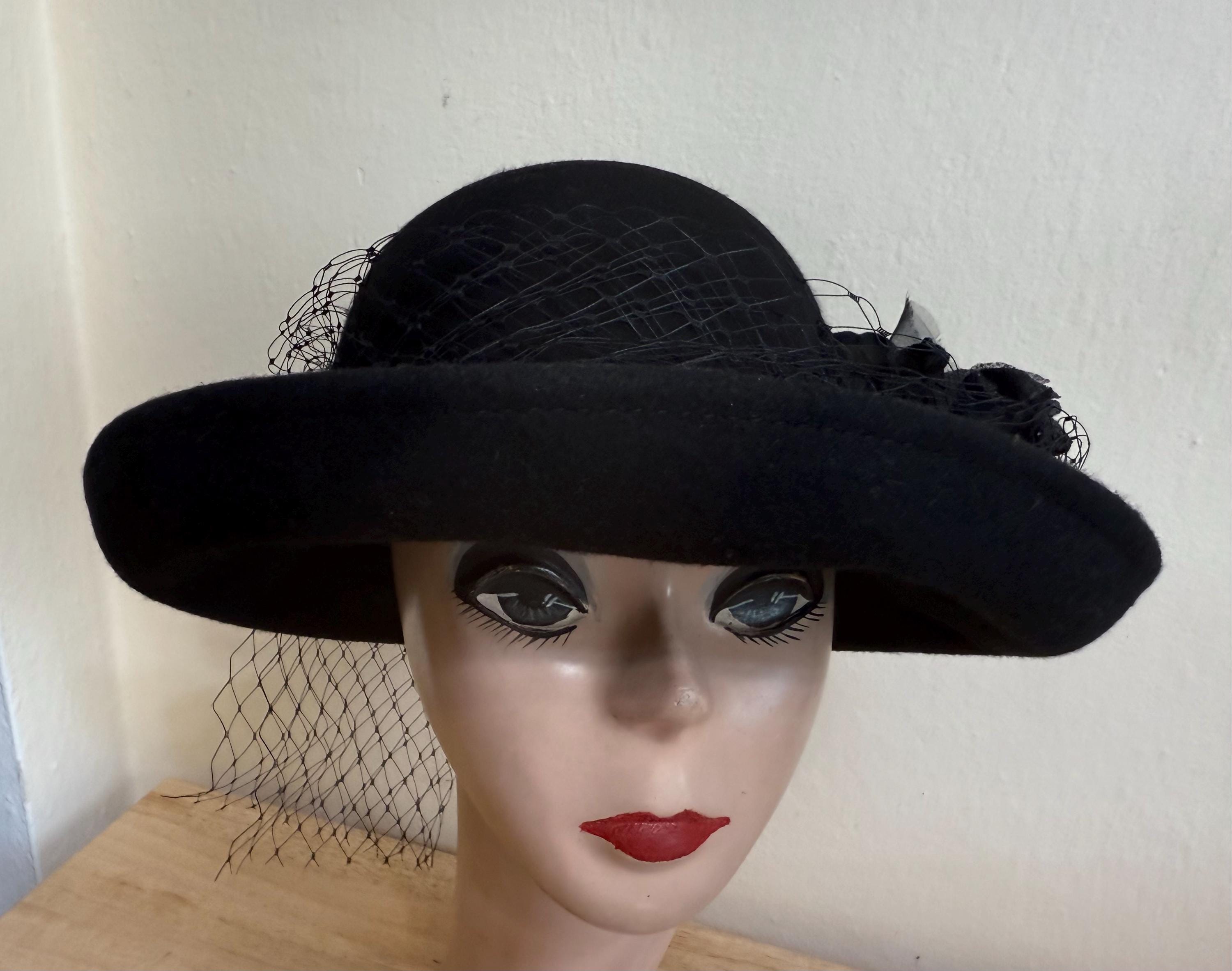 Black Wool Felt Turn up Stiff Brim Hat With Silk Ribbon 