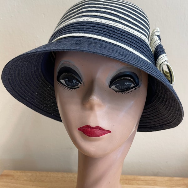 Navy And Ivory Cloche Hat With Ribbon Bow / Vintage Inspired Downton Abbey Style Cloche Hat / 1920's Inspired Flapper Cloche Hat / Millinery