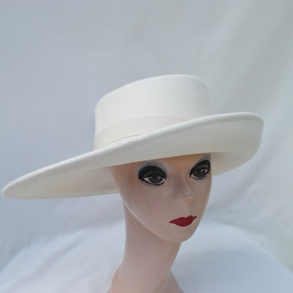 Ivory Large Brim Wool Felt Hat /Ivory Felt Side Rolled Brim Telescope Hat / Millinery / Felt Telescope Brim Hat