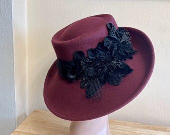 Jacqueline Ferrar Burgundy Wool Felt  Hat with Black Floral Band/Flower Burgundy Wool Felt Hat: Vintage Black Velvet Flowers, Wide  main image 3