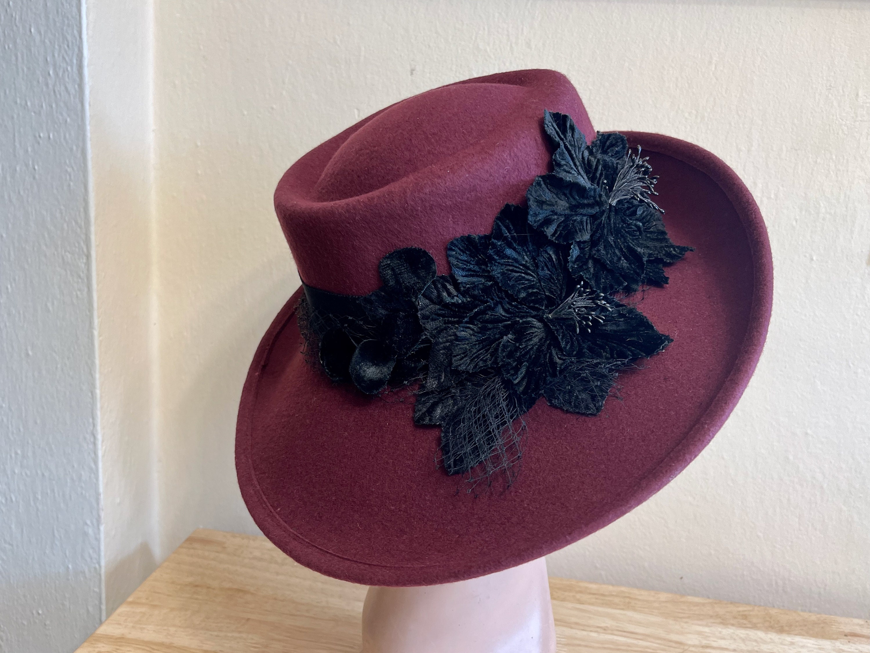 Burgundy Wool Felt Hat: Vintage Black Velvet Flowers, Wide 