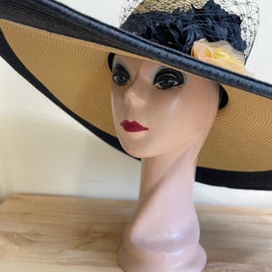 8 Inch Wide Brim Sun Hat: Tan & Black Straw, Kentucky Derby 