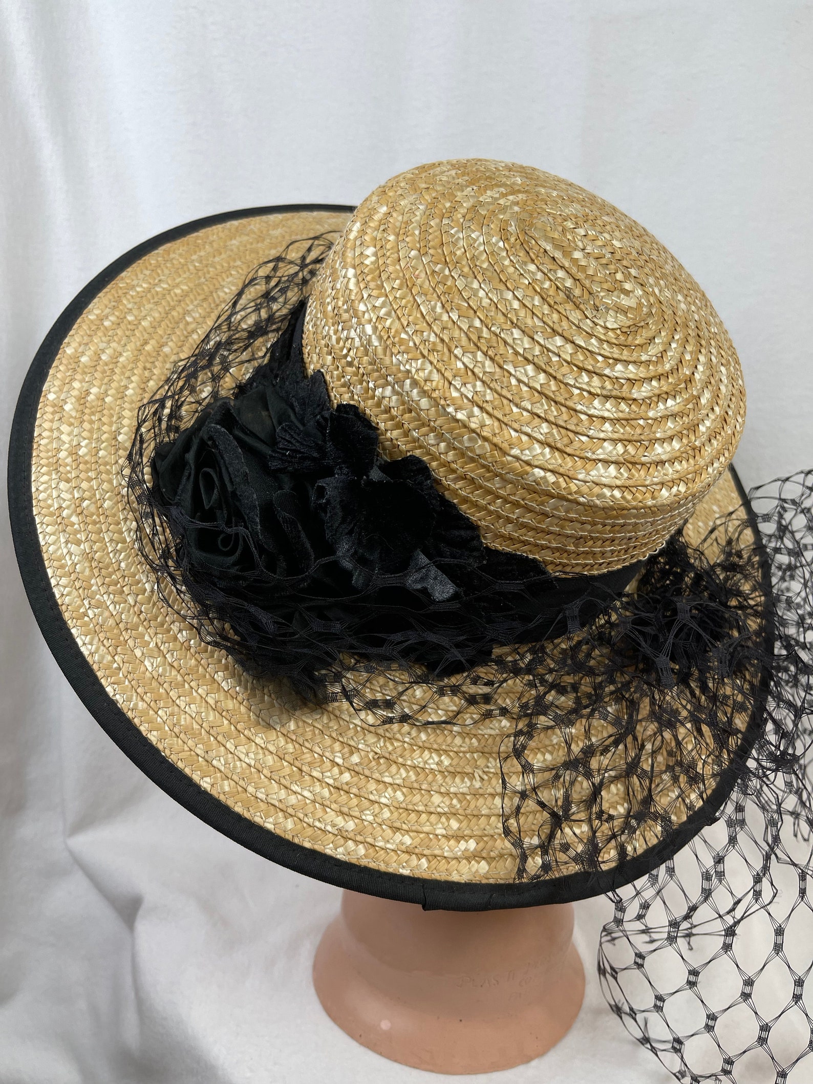 4 Inch Natural Straw Boater Hat With Velvet Flowers Black Etsy